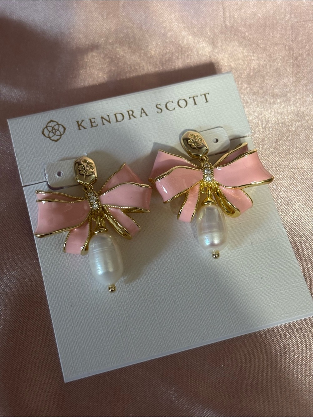 Kendra Scott Pink Bow Pearl Drop Earrings